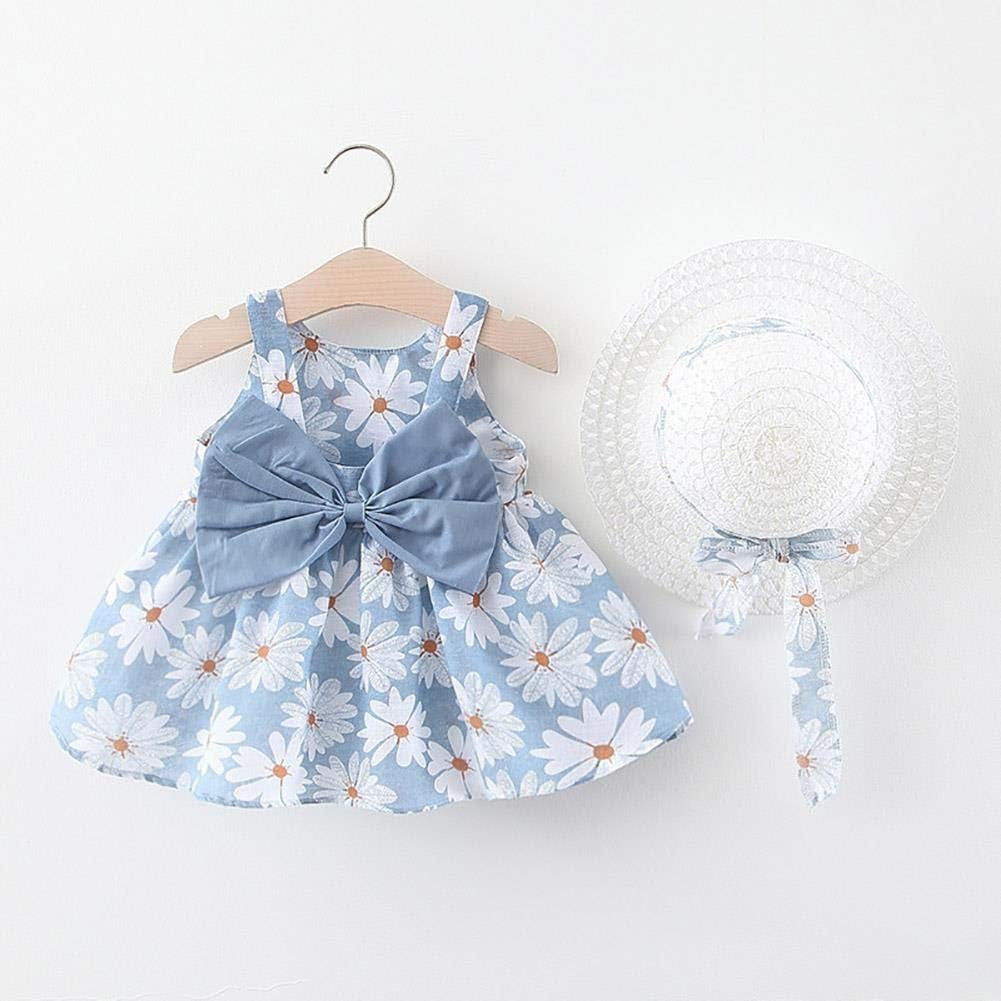 Baby Girl Tutu Dress Summer Sleeveless Backless Princess Birthday Party Dresses Flower Bow Sundress with Straw Hat Set