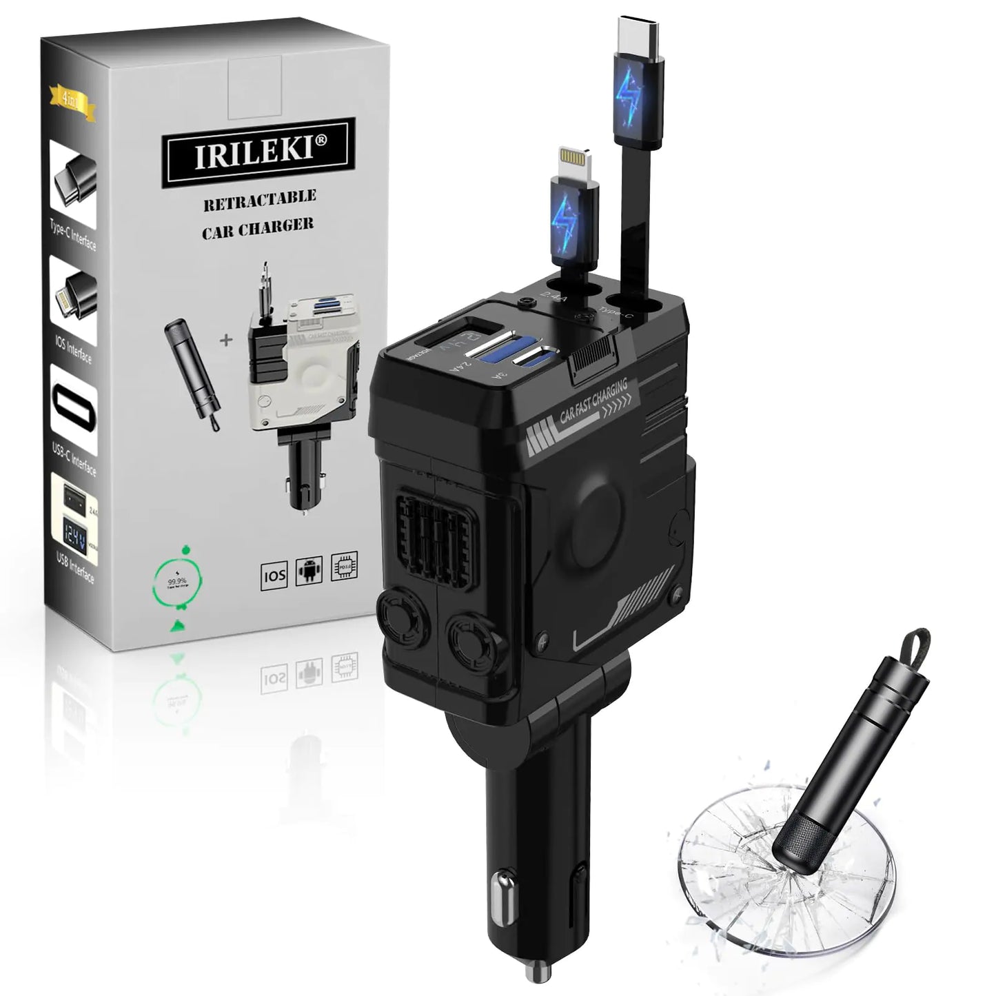 IRILEKI 4-in-1 Fast Charge Car Adapter with Safety Hammer - Black