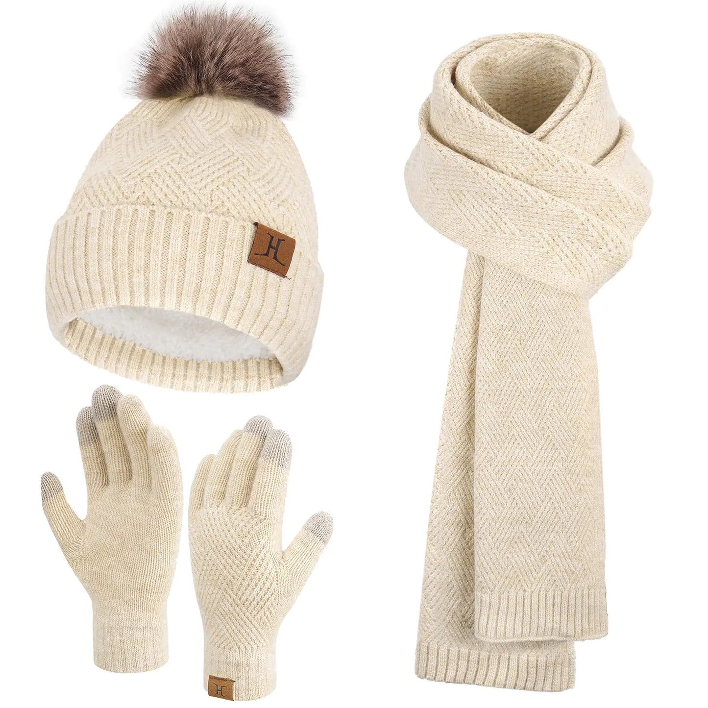 Women's Winter Warmth Trio: Beanie, Scarf & Gloves Set in Apricot