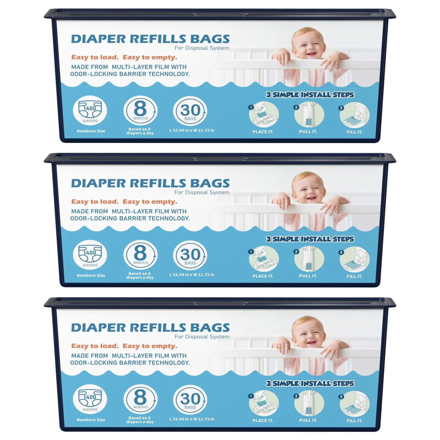 Diaper Pail Refill Bags – 3-Pack (90 Bags) for Genie Easy Roll, Odor-Barrier