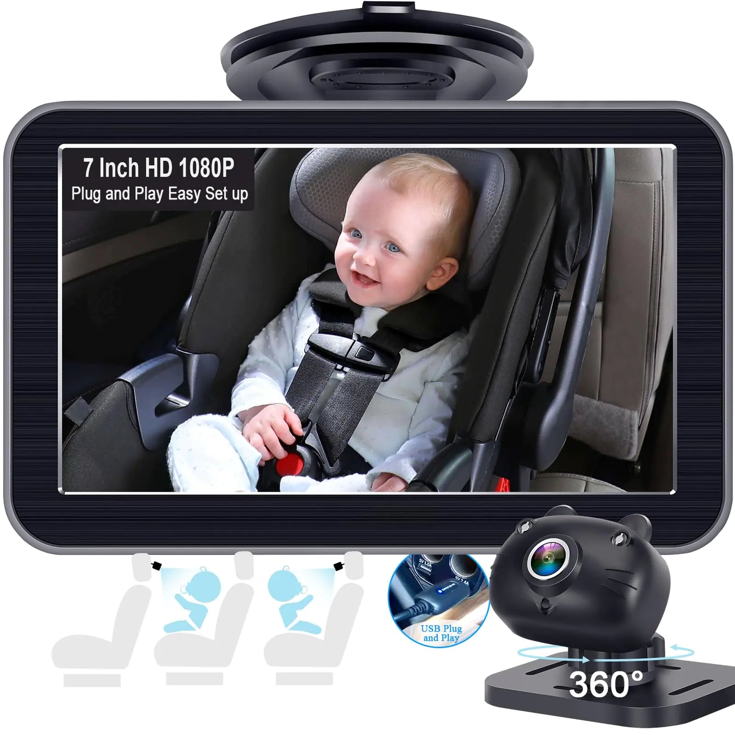 DoHonest 360 Baby Car Monitor: HD 1080P USB 7-Inch - V9 Black