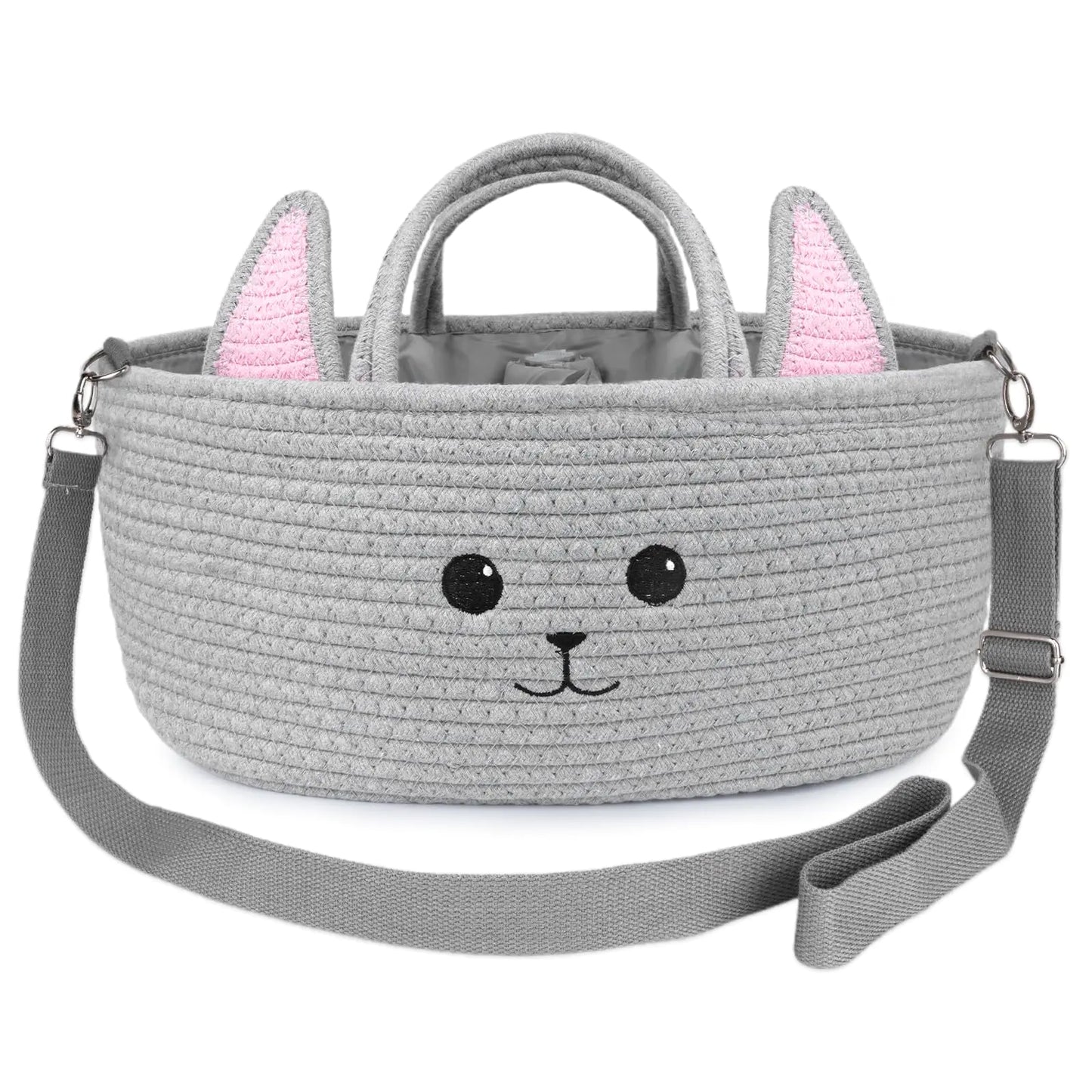 LSYDCARM Baby Diaper Caddy Organizer Cute Cat Woven Cotton Rope Nursery Storage Basket Portable Diaper Organizer for Changing Table Baby Stuff Car Travel Baby Shower Gifts for Newborn