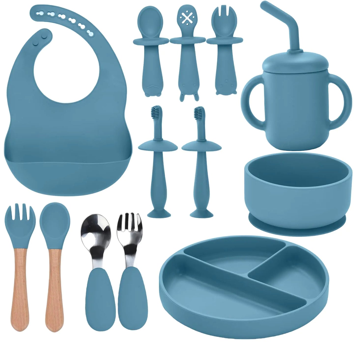Silicone Infant Dining Kit 13PCS with Suction Dishware & Tools (Blue)