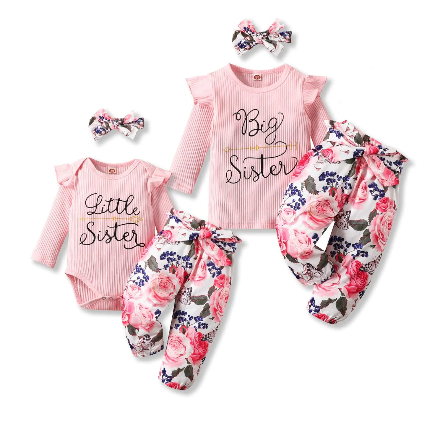 Big & Little Sister Floral Outfits - 3Pcs Set