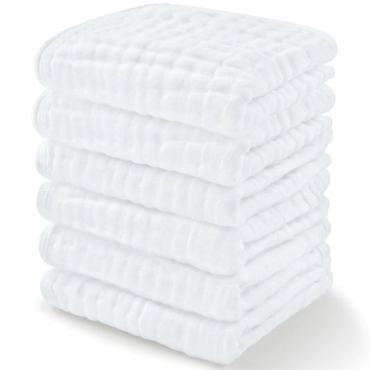 6-Pack Muslin Cotton Baby Washcloths & Towels – Soft, Absorbent, 10"x10", White