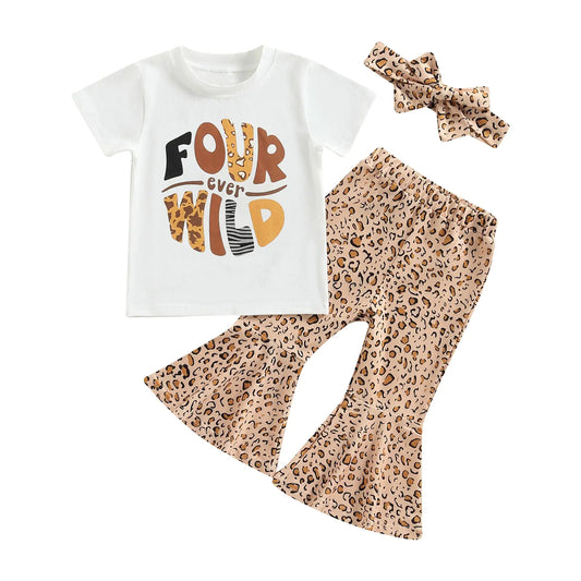 Toddler Girl 4th Birthday Outfit – “Four Ever Wild” Shirt & Leopard Bell Bottoms