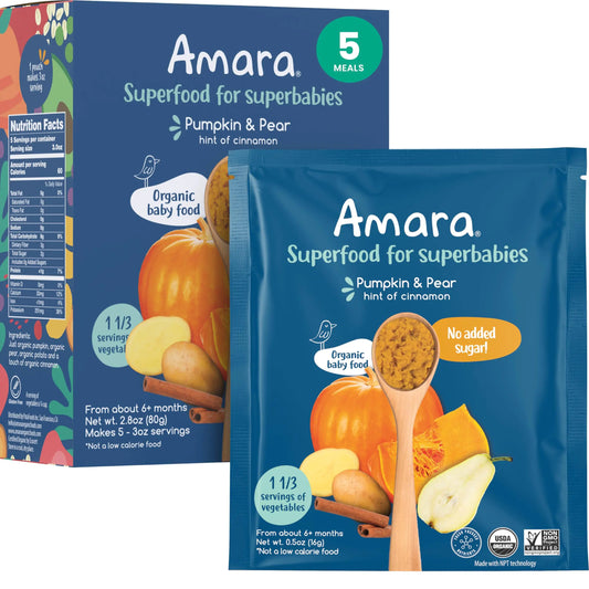 Amara Organic Baby Food Stage 2 – Pumpkin Pear, 5 Pouches (3.5oz each)