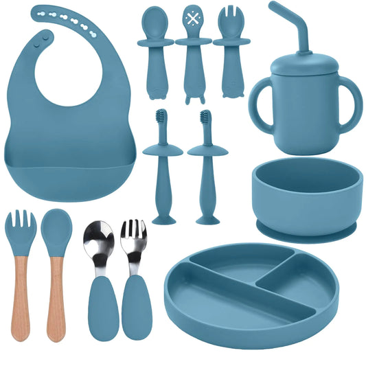 Silicone Infant Dining Kit 13PCS with Suction Dishware & Tools (Blue)