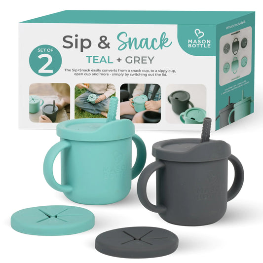 Mason Bottle Baby Training Cups (2-Pack) - Silicone Baby Cup with Straw - Snack Cups for Toddlers Spill Proof w/Lid & Handle - Dishwasher-Safe BPA-Free Non-Toxic Silicone Sippy Cups
