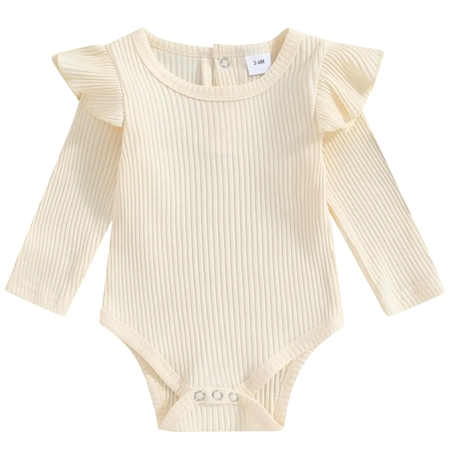 Basic Rib Knit Cotton Ruffle Romper (Beige 18-24M)