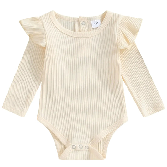 Basic Rib Knit Cotton Ruffle Romper (Beige 18-24M)