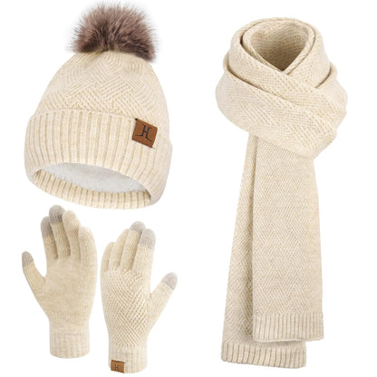 Women's Winter Warmth Trio: Beanie, Scarf & Gloves Set in Apricot
