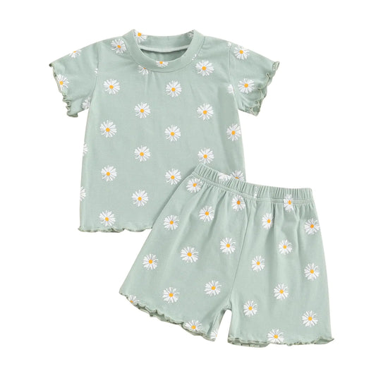 fhutpw Toddler Baby Girls Summer Outfit – 2-Piece Daisy Ruffle T-Shirt & Floral Shorts Set, 6M-4T