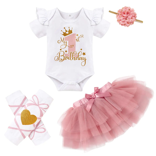GRNSHTS Baby Girl 1st Birthday Cake Smash Outfit – Romper, Tutu Skirt & Headband Set (Dusty Rose, 9-12 Months)