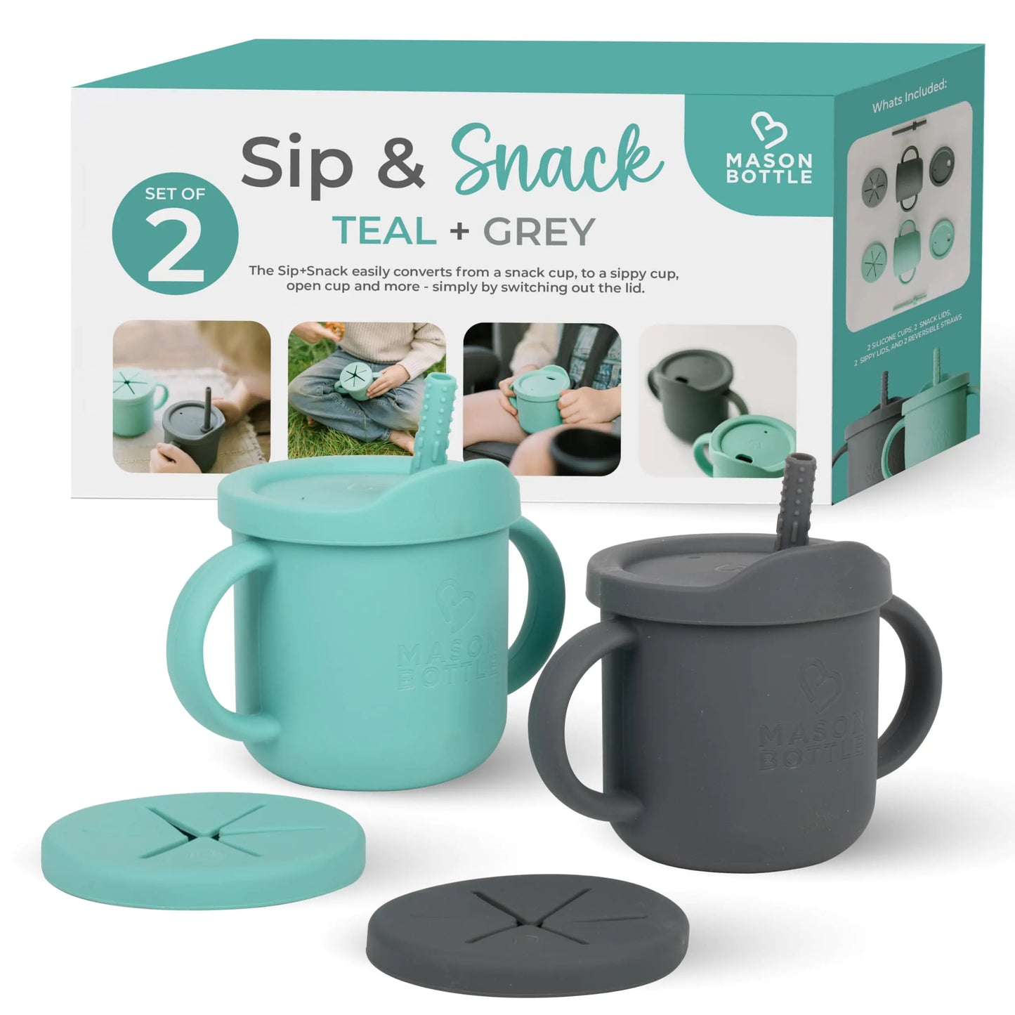 Mason Bottle Baby Training Cups (2-Pack) - Silicone Baby Cup with Straw - Snack Cups for Toddlers Spill Proof w/Lid & Handle - Dishwasher-Safe BPA-Free Non-Toxic Silicone Sippy Cups