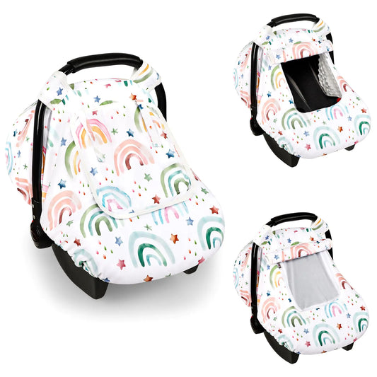 Car Seat Cover for Babies Baby Car Seat Cover with Breathable Mesh Peep Windows Windproof Infant Car Seat Canopy Covers for Girls Boys Soft Baby Carrier Stoller Cover RainbowStar