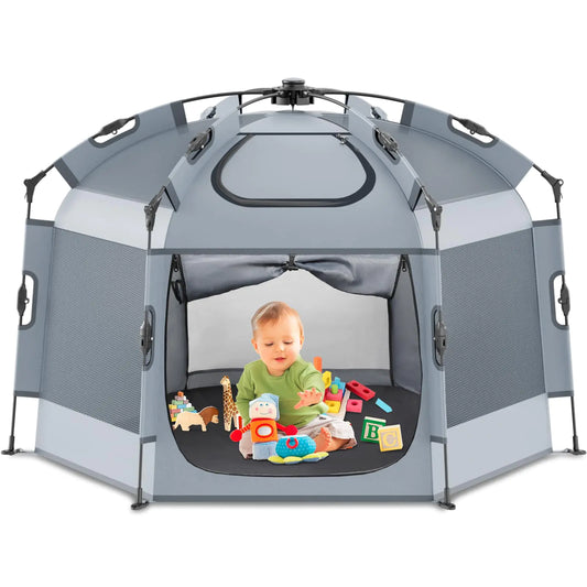 Babepai Baby Safety Play Yard - 55”x36” Collapsible Beach & Outdoor Tent with Travel Bag - Gray