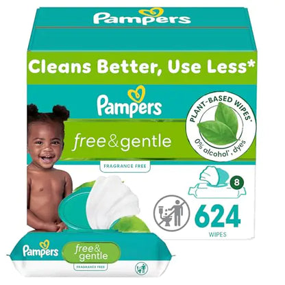 Pampers Pure & Gentle Plant-Based Baby Wipes, Hypoallergenic 624 Count