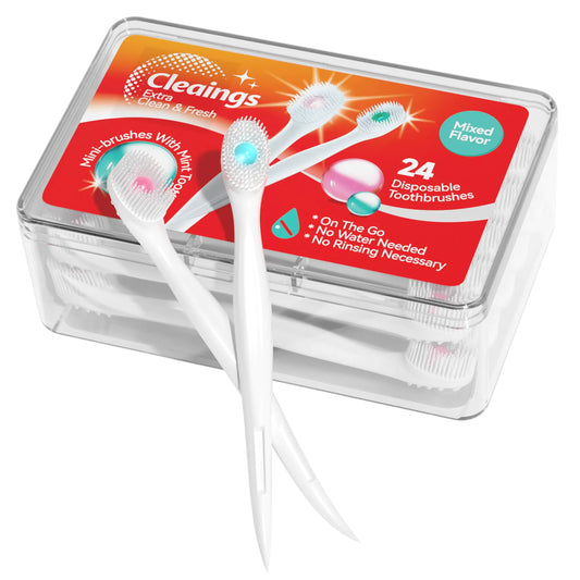 cleaings® Mini Disposable Toothbrushes – 24-Pack with Toothpaste & Pick, Mixed Flavors (Pack of 5)