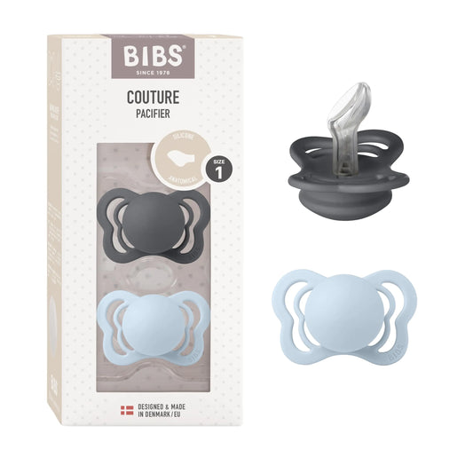 Couture BIBS Soothers - BPA-Free Newborn Pacifiers | Danish-Made | 2-Pack Iron/Baby Blue