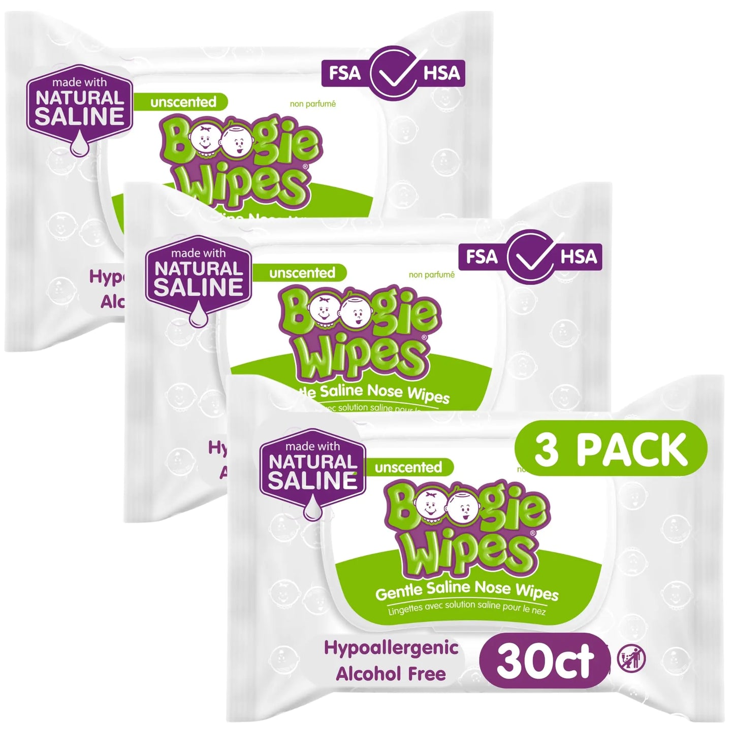 Saline Nose Wipes by Boogie for Baby & Kids Face Hand & Body FSA/HSA Eligible Made with Vitamin E Aloe and Natural Saline Unscented 30 Count (Pack of 3)