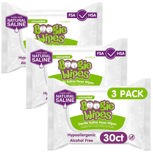Saline Nose Wipes by Boogie for Baby & Kids Face Hand & Body FSA/HSA Eligible Made with Vitamin E Aloe and Natural Saline Unscented 30 Count (Pack of 3)
