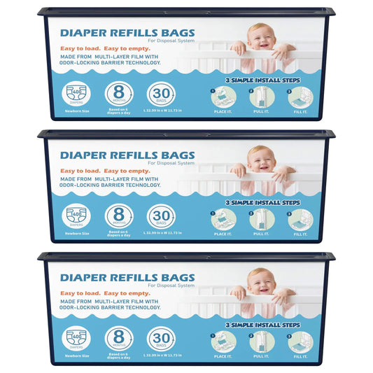 Diaper Pail Refill Bags – 3-Pack (90 Bags) for Genie Easy Roll, Odor-Barrier