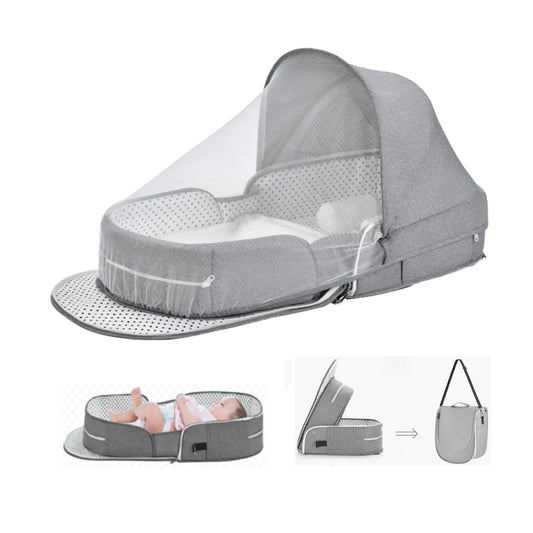 PGONEEE Baby Travel Bassinet – Portable Foldable Crib with Canopy & Mosquito Net, Grey