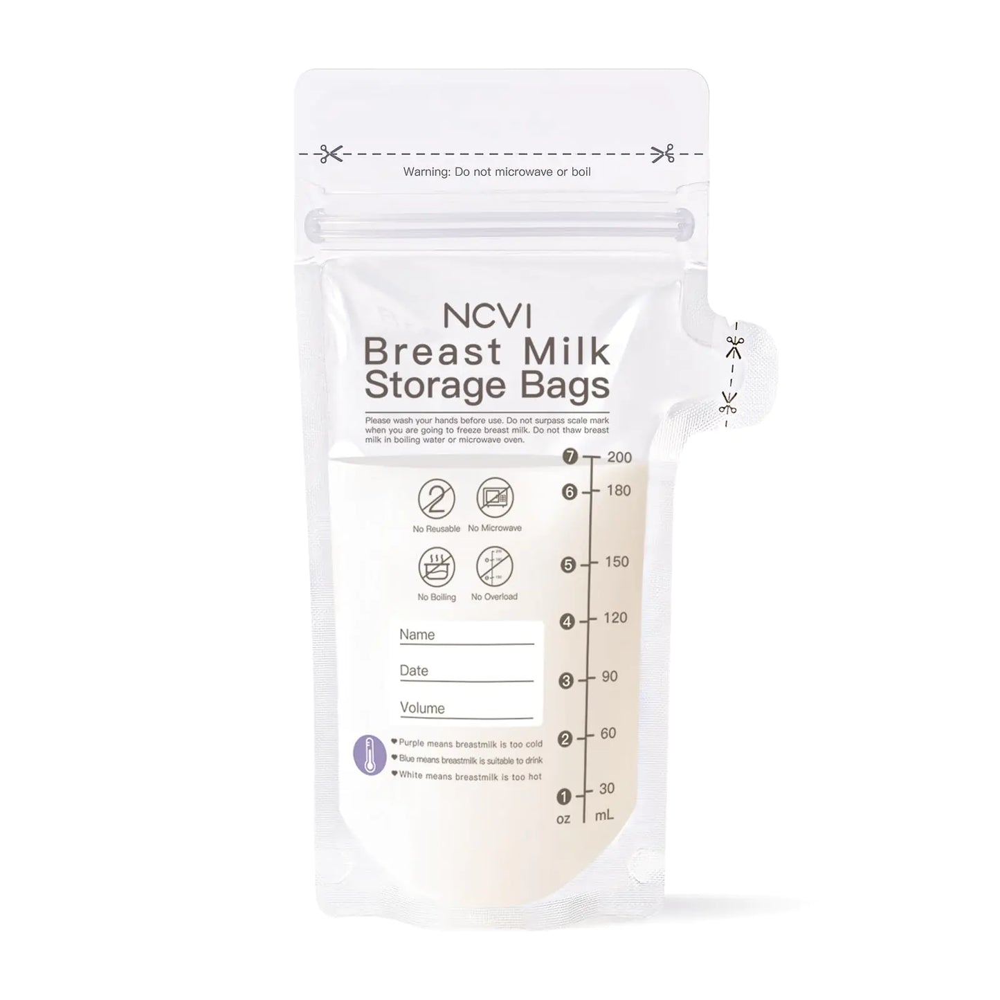 NCVI Breastmilk Storage Bags 120 Count Milk Storage Bags for Breastfeeding 7oz Breast Milk Storage Bags with Temp-Sensing Doubled-Sealed Hygienically Self Standing Easy Pour Spout BPA Free