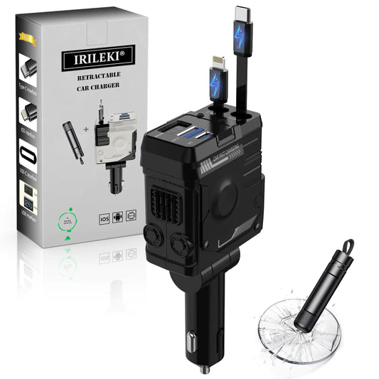 IRILEKI 4-in-1 Fast Charge Car Adapter with Safety Hammer - Black