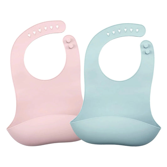 Maveek Soft Silicone Baby Bibs with Sturdy Food Pocket - Waterproof, Easy Clean, Adjustable Neck Strap for Babies & Toddlers 12-36 Months - Dusky Pink & Blue
