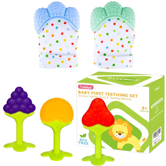 Teething Mittens for Baby (2 Pack) with Baby Teething Toys (3 Pack) Self Soothing Pain Relief Mitt Silicone Baby Teethers BPA-Free Natural Organic Freezer Safe for Infants and Toddlers