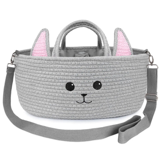 LSYDCARM Baby Diaper Caddy Organizer Cute Cat Woven Cotton Rope Nursery Storage Basket Portable Diaper Organizer for Changing Table Baby Stuff Car Travel Baby Shower Gifts for Newborn