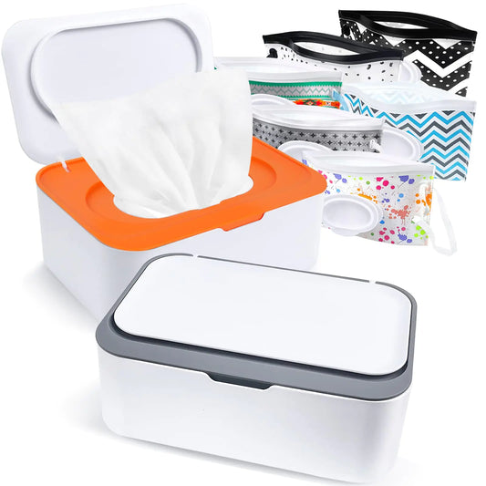 8Pcs On-the-Go Wet Wipe Dispenser and Holder Set - Grey & Orange